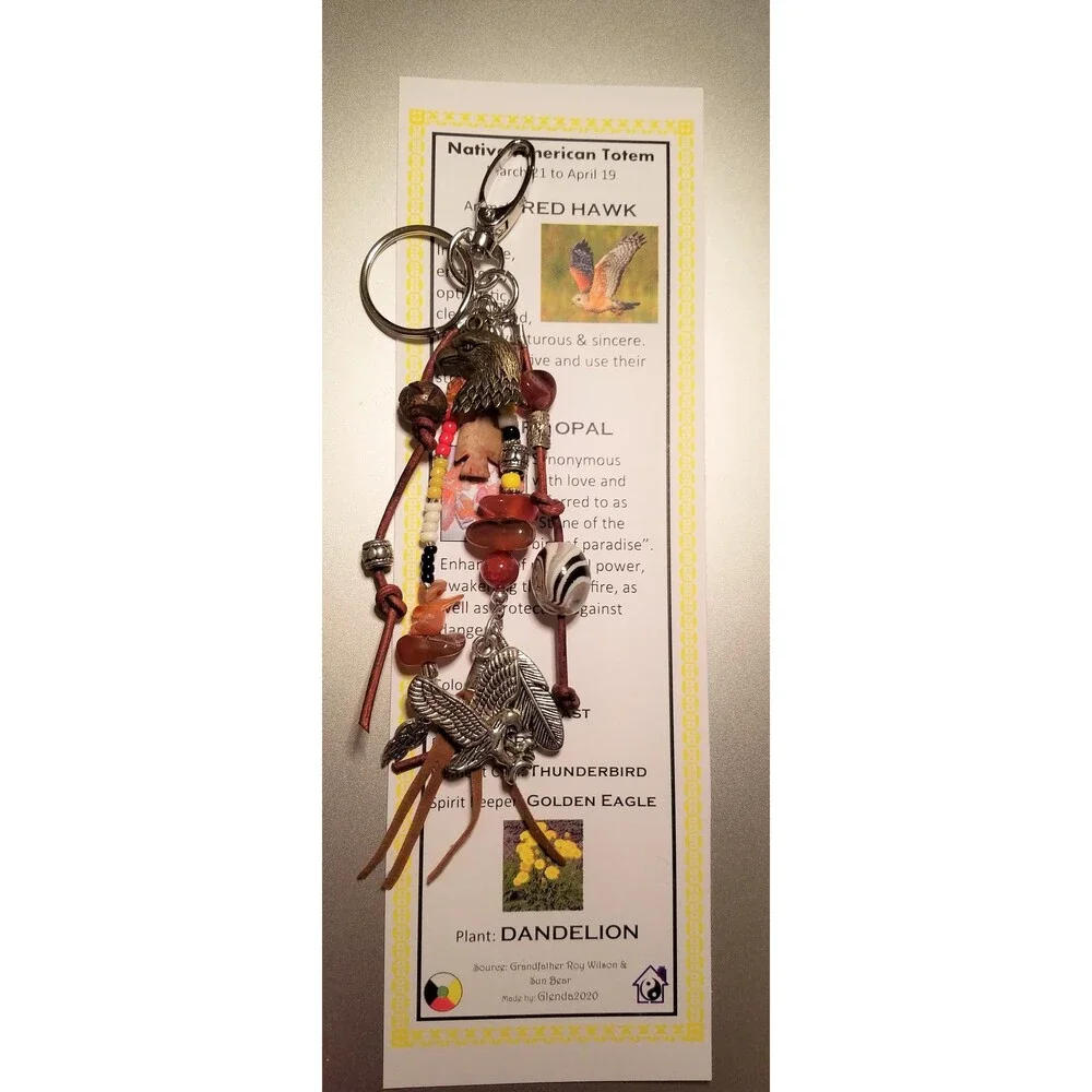 Red Hawk Key Ring Medicine Wheel Totem - Key Ring/Fob for Purse, Drum Bookmark